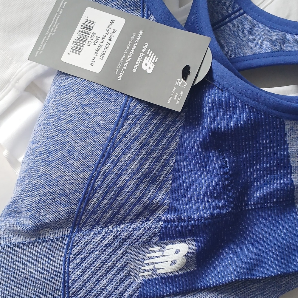 NWT NEW BALANCE 2 PACK SPORTS BRA BLUE AND WHITE RACERBACK TAGLESS PADDED SIZE M - Picture 4 of 8